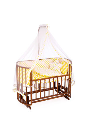 Ahşap Beşik Anne Yanı Beşik Ceviz 60x120 Sarı Yıldız Uyku Seti Yatak