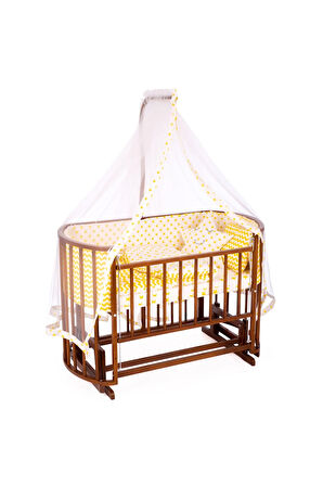 Ahşap Beşik Anne Yanı Beşik Ceviz 60x120 Sarı Yıldız Uyku Seti Yatak