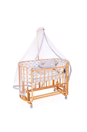 Ahşap Beşik Anne Yanı Beşik Doğal (VERNİKLİ) 60x120 Gri Balina Uyku Seti Yatak Tekerlekli