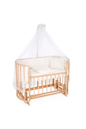 Ahşap Beşik Anne Yanı Beşik Doğal (VERNİKLİ) 60x120 Krem Güpür Uyku Seti Yatak