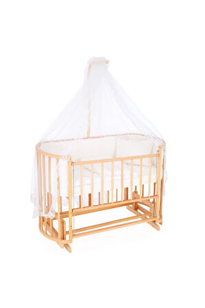 Ahşap Beşik Anne Yanı Beşik Doğal (VERNİKLİ) 60x120 Krem Güpür Uyku Seti Yatak