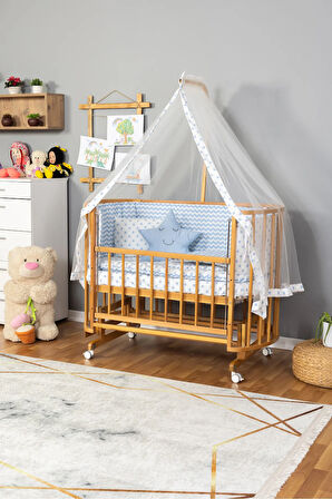 Ahşap Beşik Anne Yanı Beşik Doğal (VERNİKLİ) 60x120 Mavi Yıldız Uyku Seti Yatak Tekerlekli