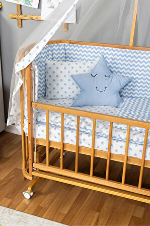 Ahşap Beşik Anne Yanı Beşik Doğal (VERNİKLİ) 60x120 Mavi Yıldız Uyku Seti Yatak Tekerlekli