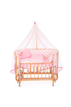 Ahşap Beşik Anne Yanı Beşik Doğal (VERNİKLİ) 60x120 Pembe Balina Uyku Seti Yatak Tekerlekli