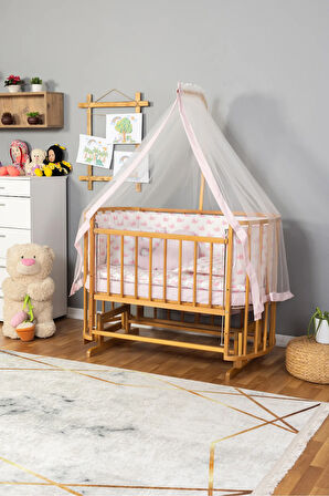Ahşap Beşik Anne Yanı Beşik Doğal (VERNİKLİ) 60x120 Pembe Balina Uyku Seti Yatak