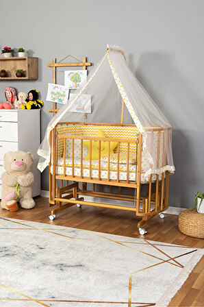 Ahşap Beşik Anne Yanı Beşik Doğal (VERNİKLİ) 60x120 Sarı Yıldız Uyku Seti Yatak Tekerlekli