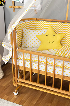 Ahşap Beşik Anne Yanı Beşik Doğal (VERNİKLİ) 60x120 Sarı Yıldız Uyku Seti Yatak Tekerlekli