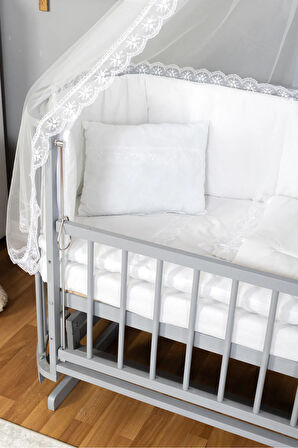 Ahşap Beşik Anne Yanı Beşik Gri 60x120 Beyaz Güpür Uyku Seti Yatak