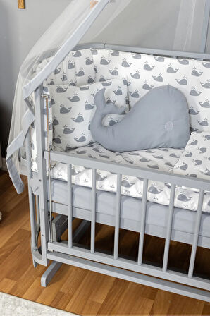 Ahşap Beşik Anne Yanı Beşik Gri 60x120 Gri Balina Uyku Seti Yatak