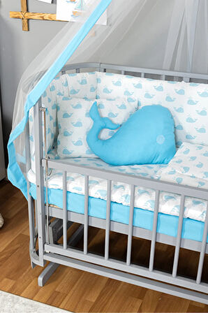 Ahşap Beşik Anne Yanı Beşik Gri 60x120 Mavi Balina Uyku Seti Yatak