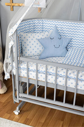 Ahşap Beşik Anne Yanı Beşik Gri 60x120 Mavi Yıldız Uyku Seti Yatak Tekerlekli