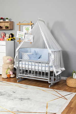 Gri Renk 3 Kademeli Anne Yanı Ahşap 60x120 Papatya Doğal Bebek Beşiği