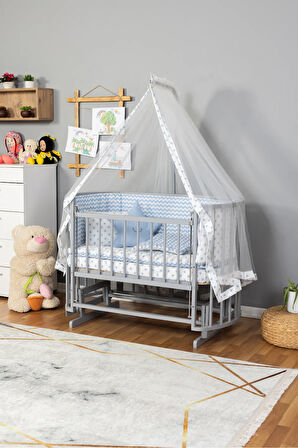 Gri Renk 3 Kademeli Anne Yanı Ahşap 60x120 Papatya Doğal Bebek Beşiği