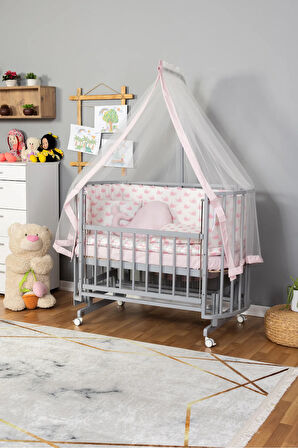 Ahşap Beşik Anne Yanı Beşik Gri 60x120 Pembe Balina Uyku Seti Yatak Tekerlekli