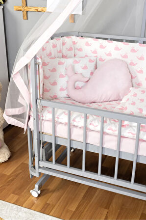 Ahşap Beşik Anne Yanı Beşik Gri 60x120 Pembe Balina Uyku Seti Yatak Tekerlekli