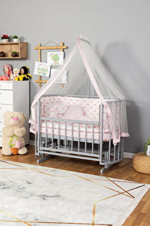 Ahşap Beşik Anne Yanı Beşik Sallanır Beşik Gri 60x120 Pembe Balina Uyku Seti Yatak