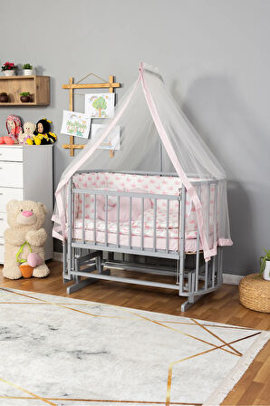 Ahşap Beşik Anne Yanı Beşik Sallanır Beşik Gri 60x120 Pembe Balina Uyku Seti Yatak