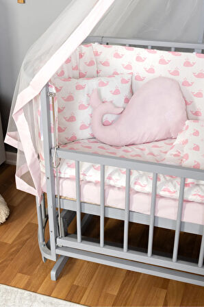 Ahşap Beşik Anne Yanı Beşik Sallanır Beşik Gri 60x120 Pembe Balina Uyku Seti Yatak