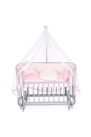 Ahşap Beşik Anne Yanı Beşik Sallanır Beşik Gri 60x120 Pembe Yıldız Uyku Seti Yatak Tekerlekli