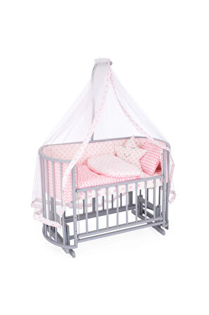 Ahşap Beşik Anne Yanı Beşik Sallanır Beşik Gri 60x120 Pembe Yıldız Uyku Seti Yatak Tekerlekli