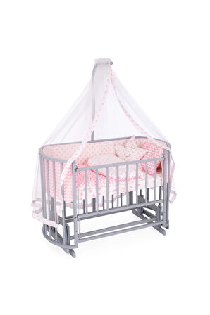 Ahşap Beşik Anne Yanı Beşik Sallanır Beşik Gri 60x120 Pembe Yıldız Uyku Seti Yatak Tekerlekli