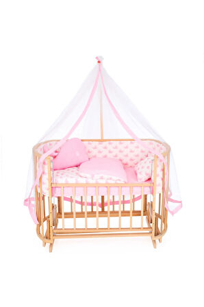 Ahşap Beşik Anne Yanı Beşik Sallanır Beşik Organik (BOYASIZ) 60x120 - Pembe Balina Uyku Seti Yatak