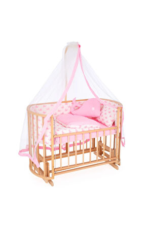 Ahşap Beşik Anne Yanı Beşik Sallanır Beşik Organik (BOYASIZ) 60x120 - Pembe Balina Uyku Seti Yatak