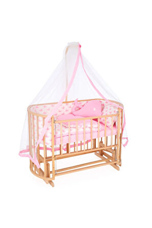 Ahşap Beşik Anne Yanı Beşik Sallanır Beşik Organik (BOYASIZ) 60x120 - Pembe Balina Uyku Seti Yatak