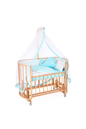 Ahşap Beşik Anne Yanı Beşik Organik (BOYASIZ) 60x120 - Mavi Balina Uyku Seti Yatak Tekerlekli