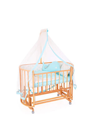 Ahşap Beşik Anne Yanı Beşik Organik (BOYASIZ) 60x120 - Mavi Balina Uyku Seti Yatak Tekerlekli