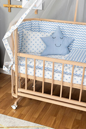 Ahşap Beşik Anne Yanı Beşik Organik (BOYASIZ) 60x120 - Mavi Yıldız Uyku Seti Yatak Tekerlekli