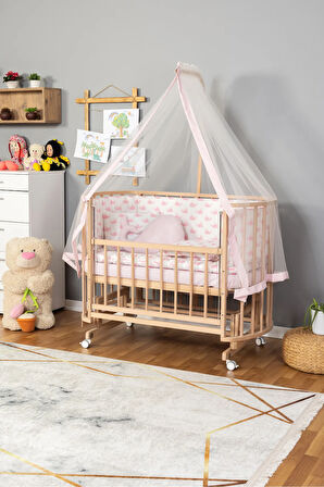Ahşap Beşik Anne Yanı Beşik Organik (BOYASIZ) 60x120 - Pembe Balina Uyku Seti Yatak Tekerlekli