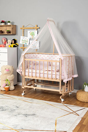 Ahşap Beşik Anne Yanı Beşik Organik (BOYASIZ) 60x120 - Pembe Balina Uyku Seti Yatak Tekerlekli