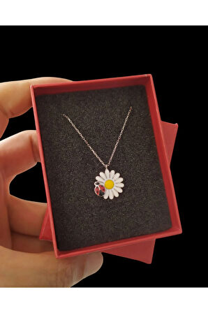 Modahilye 925 Ayar Gümüş Uğur Böceği Papatya tasarım Kolye