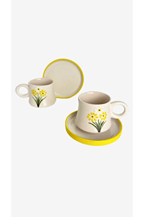 2’li Takım Papatya Desenli El Yapımı kazan Seramik Kahve Fincanı, Kahve Fincanı