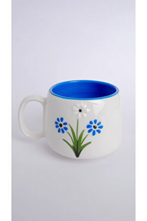 Mavi Papatya Desenli El Yapımı Double Seramik Kupa, Seramik Kupa, Mug, Nescafe Kupası, Handmade