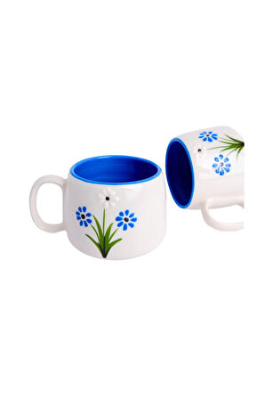 Mavi Papatya Desenli El Yapımı Double Seramik Kupa, Seramik Kupa, Mug, Nescafe Kupası, Handmade
