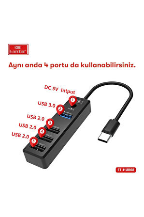 HUB08 Tak Çalıştır 3 Adet Usb 2.0 ve 1 Adet Usb 3.0 Çıkışlı Usb Çoklayıcı - Siyah