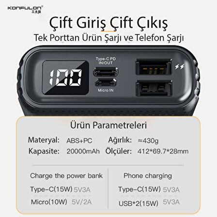 A30 Rahat Taşınabilir Type-C Girişli 15W Hızlı Şarjlı Powerbank 20000 Mah