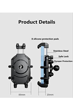Motosiklet Profesyonel Telefon Tutucu Gidon Uyumlu Titreşim Önleyici Yaylı ve Sıkmalı 360 Derece