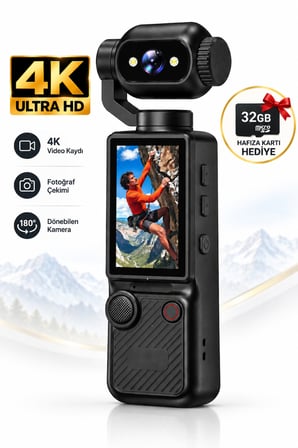 4K Ultra HD Aksiyon Kamerası 180° Dönen Lens Spor Seyahat Vlog ve Günlük Kullanım Kamerası