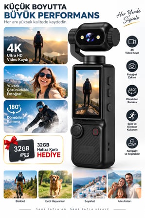 4K Ultra HD Aksiyon Kamerası 180° Dönen Lens Spor Seyahat Vlog ve Günlük Kullanım Kamerası