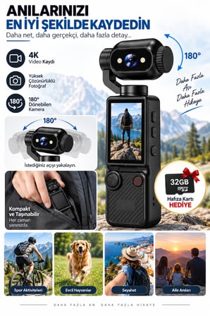 4K Ultra HD Aksiyon Kamerası 180° Dönen Lens Spor Seyahat Vlog ve Günlük Kullanım Kamerası