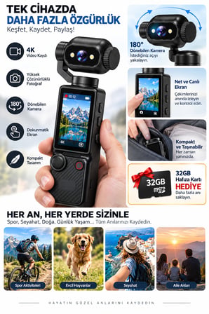4K Ultra HD Aksiyon Kamerası 180° Dönen Lens Spor Seyahat Vlog ve Günlük Kullanım Kamerası