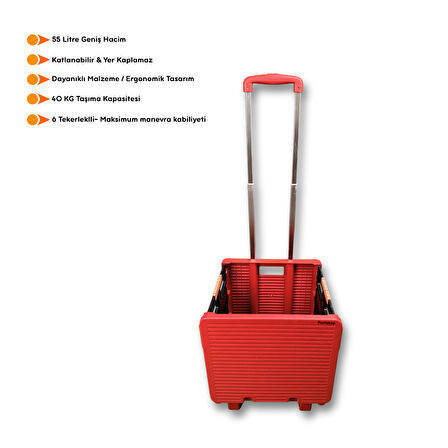 Portakap 6 Tekerlekli, 55 Litre Kırmızı Katlanır Alışveriş Arabası