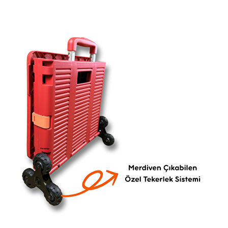 Portakap 6 Tekerlekli, 55 Litre Kırmızı Katlanır Alışveriş Arabası