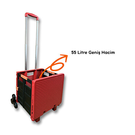 Portakap 6 Tekerlekli, 55 Litre Kırmızı Katlanır Alışveriş Arabası