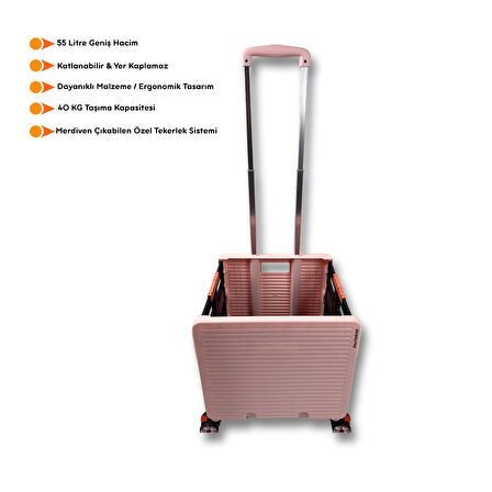 Portakap 8 Tekerlekli, 55 Litre Pembe Katlanır Alışveriş Arabası