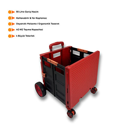 Portakap 4 Büyük Tekerlekli, 55 Litre Kırmızı Katlanır Alışveriş Arabası