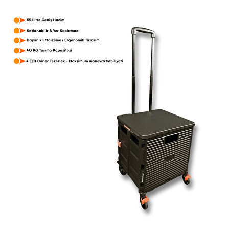 Portakap 4 Tekerlekli, 55 Litre Siyah Katlanır Alışveriş Arabası